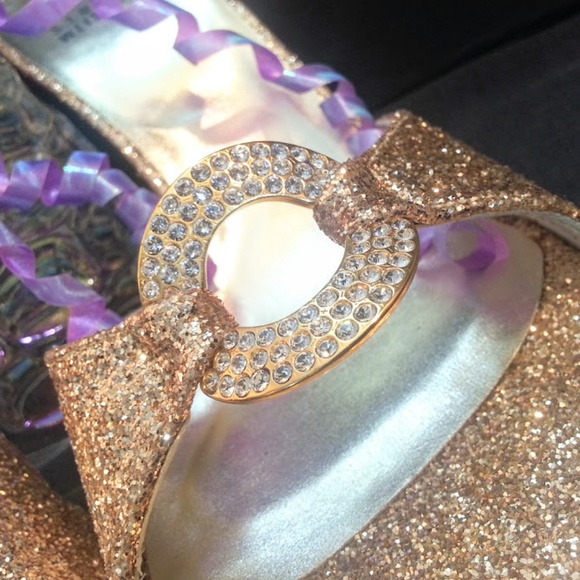 Stuart Weitzman x Swarovski rhinestone gold glitter 3.75" heel slide sandals sz7 - Picture 4 of 9